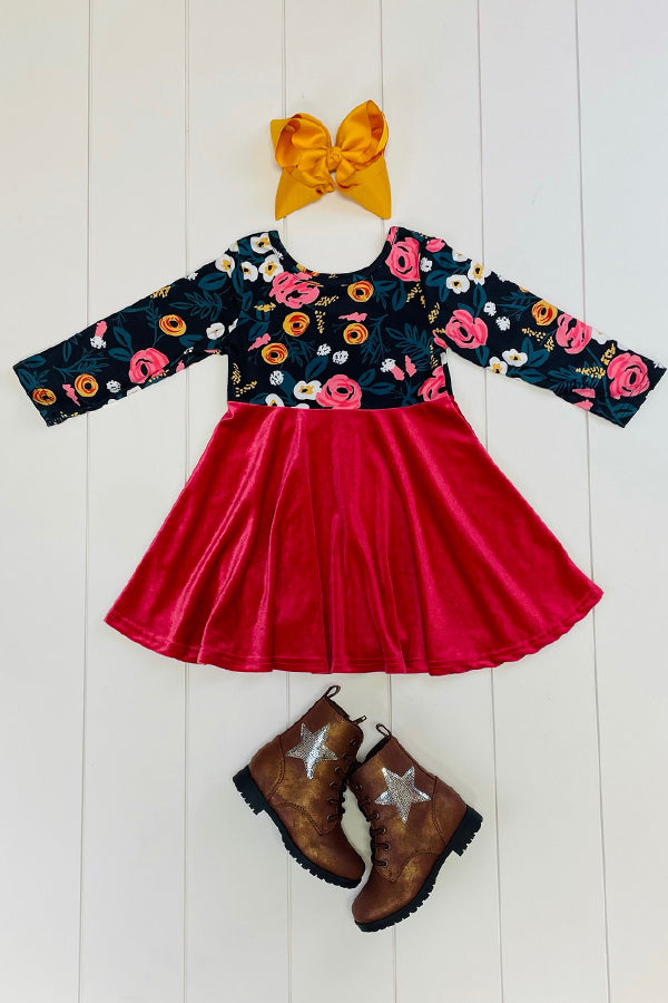 Baby Floral Velvet Dress Red